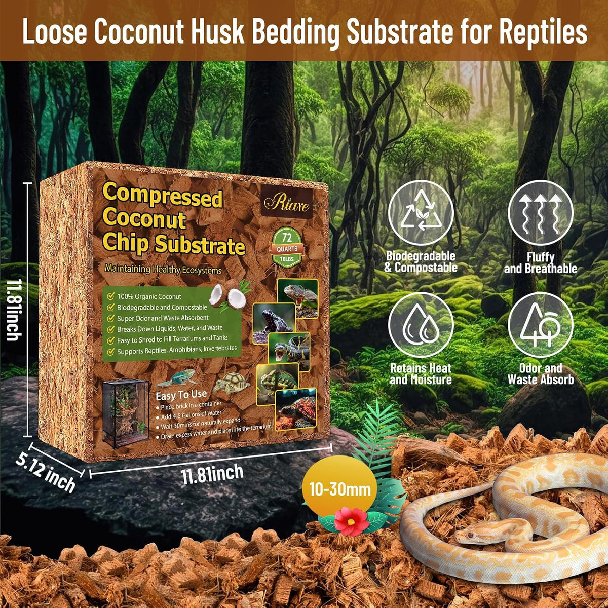 Riare premium coco husk chips expanding in water for terrarium bedding.