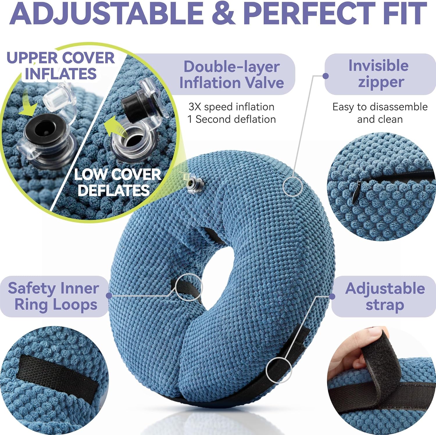 Inflatable pet recovery collar demonstrating inflation valve and zipper closure
