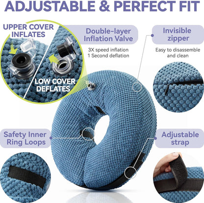 Inflatable pet recovery collar demonstrating inflation valve and zipper closure