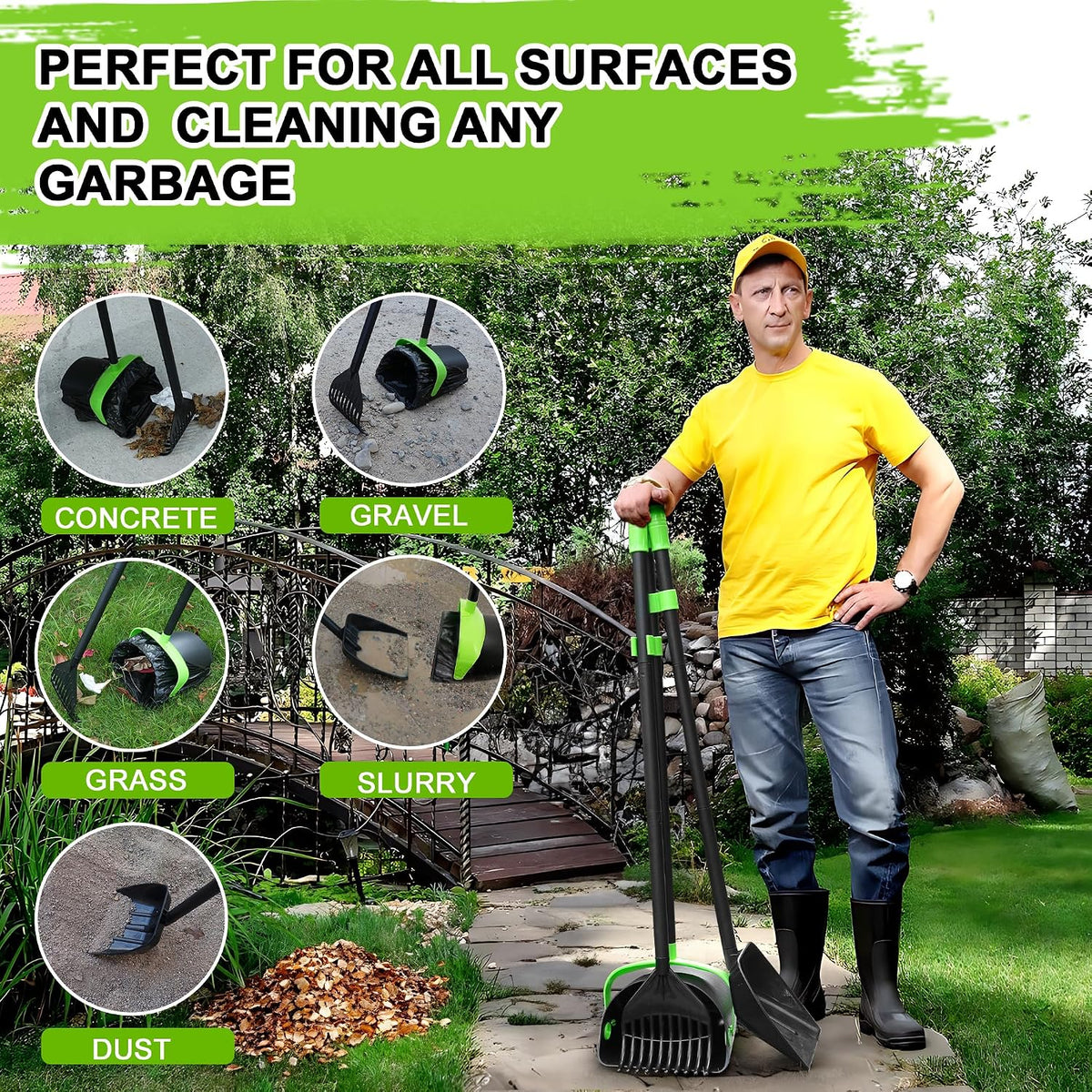 Ibestbuy long handle scooper being used to clear dog waste from a green lawn with the rake attachment