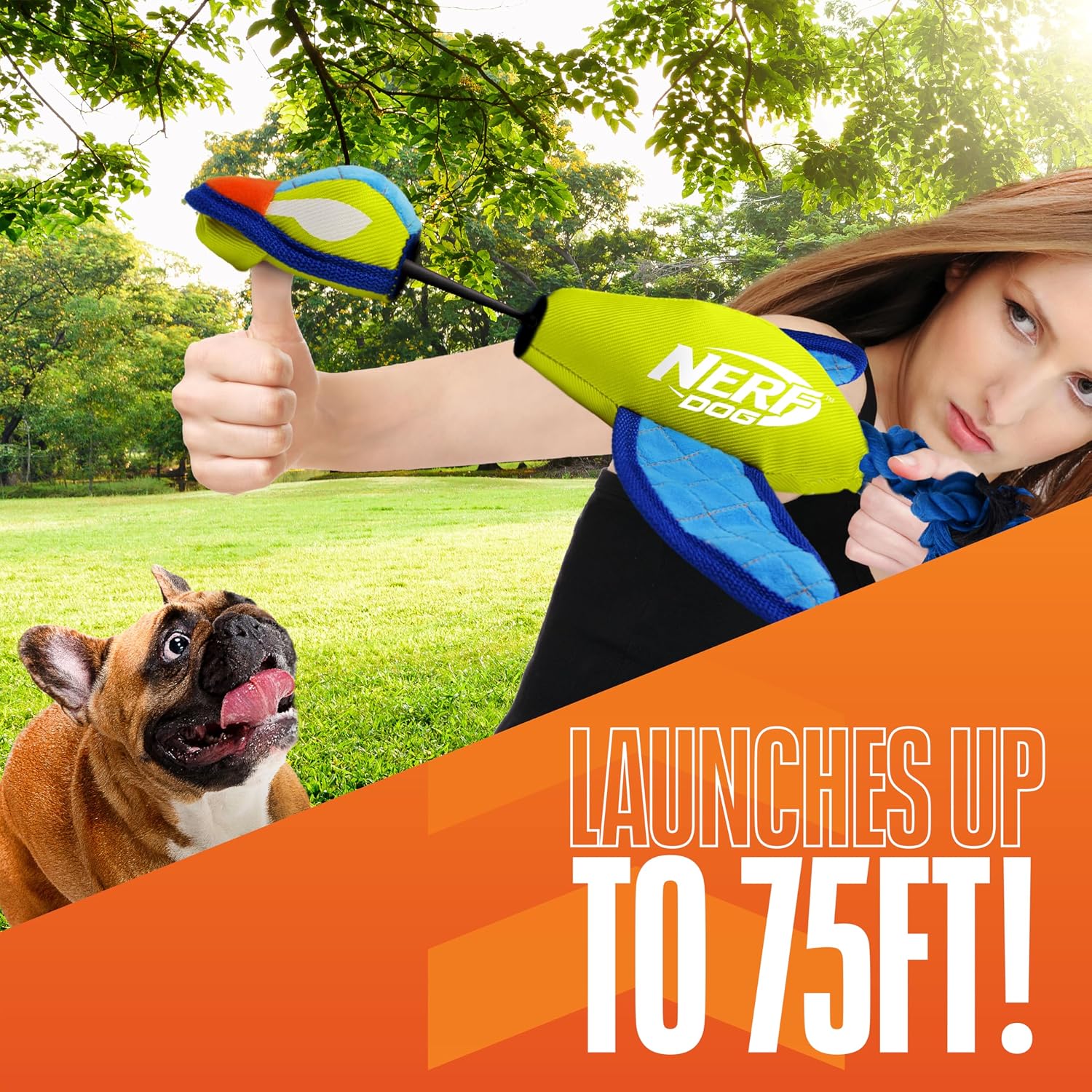 Green and light blue Nerf Dog fetch toy close up of wings