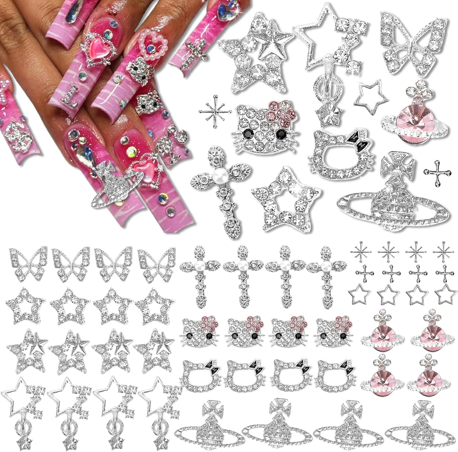 Namifin 48 Pieces Y2K silver nail charms front view