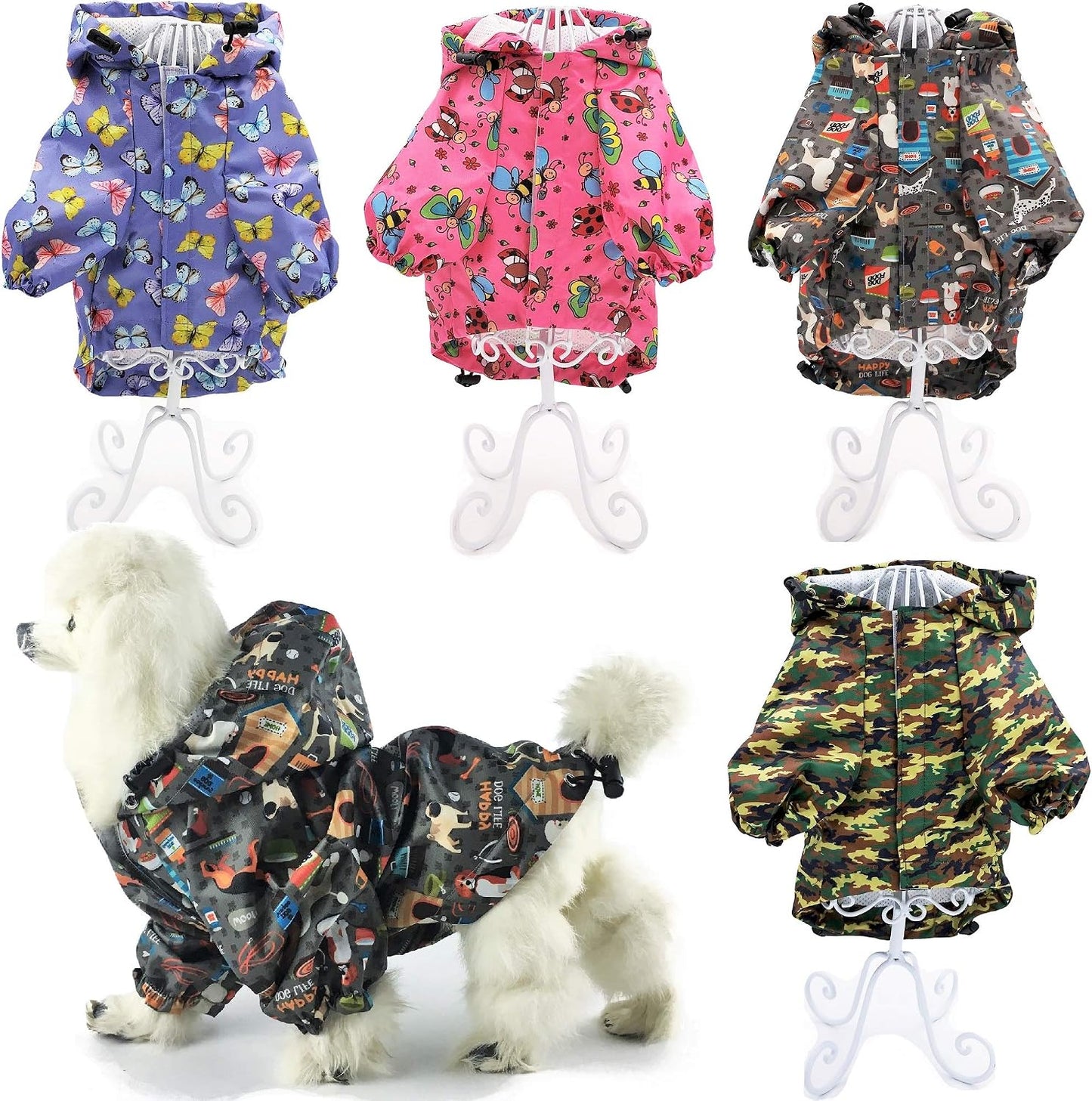 Side profile of purple printed small dog monsoon jacket for wet weather protection.