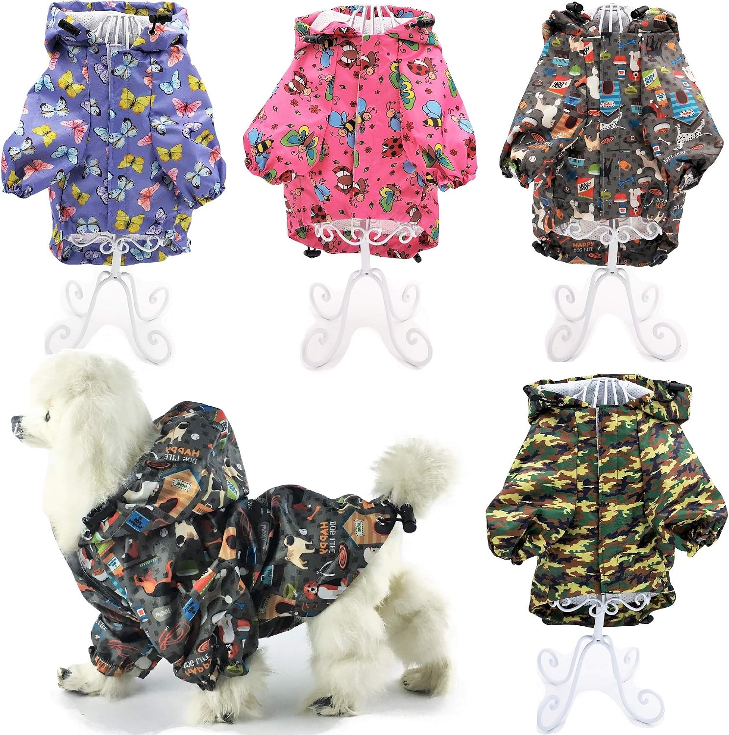 Side profile of purple printed small dog monsoon jacket for wet weather protection.