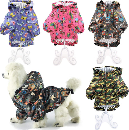 Side profile of purple printed small dog monsoon jacket for wet weather protection.