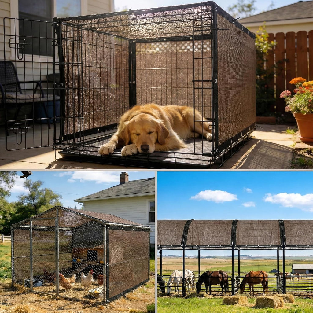 ColourTree pet playpen sunshade installed over an outdoor metal dog kennel.