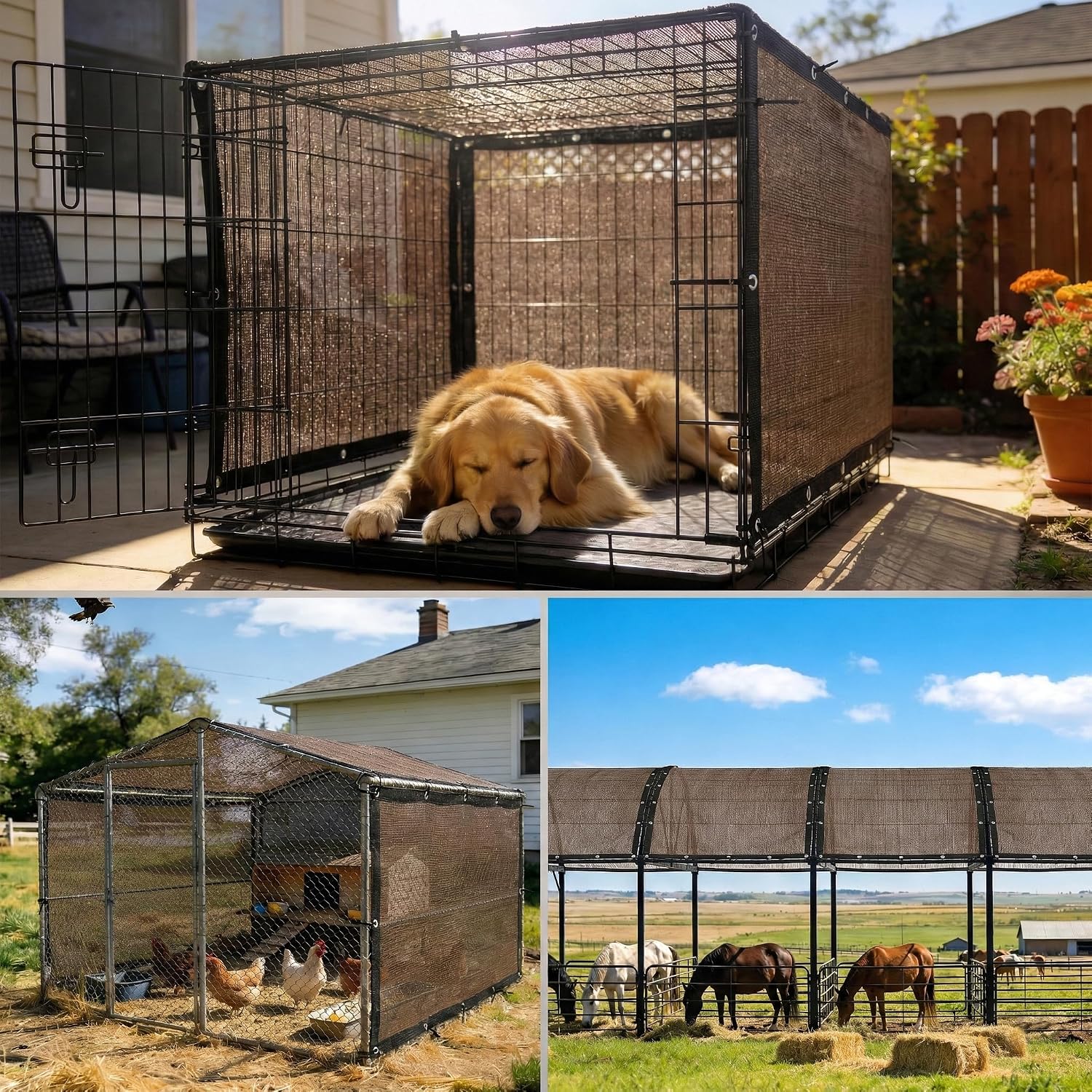 ColourTree pet playpen sunshade installed over an outdoor metal dog kennel.