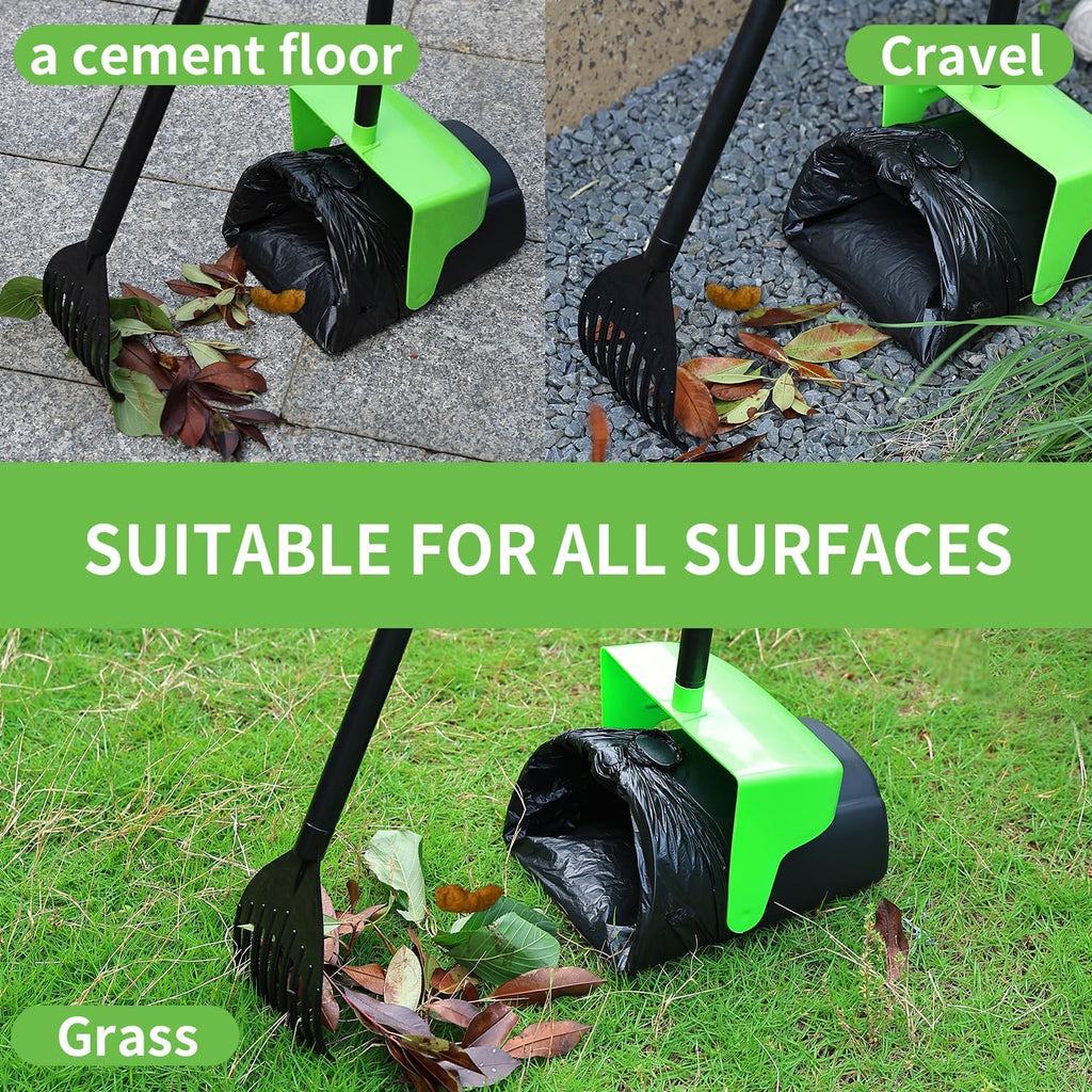 Ienjoyed long handle rake clearing pet waste from green grass yard surface