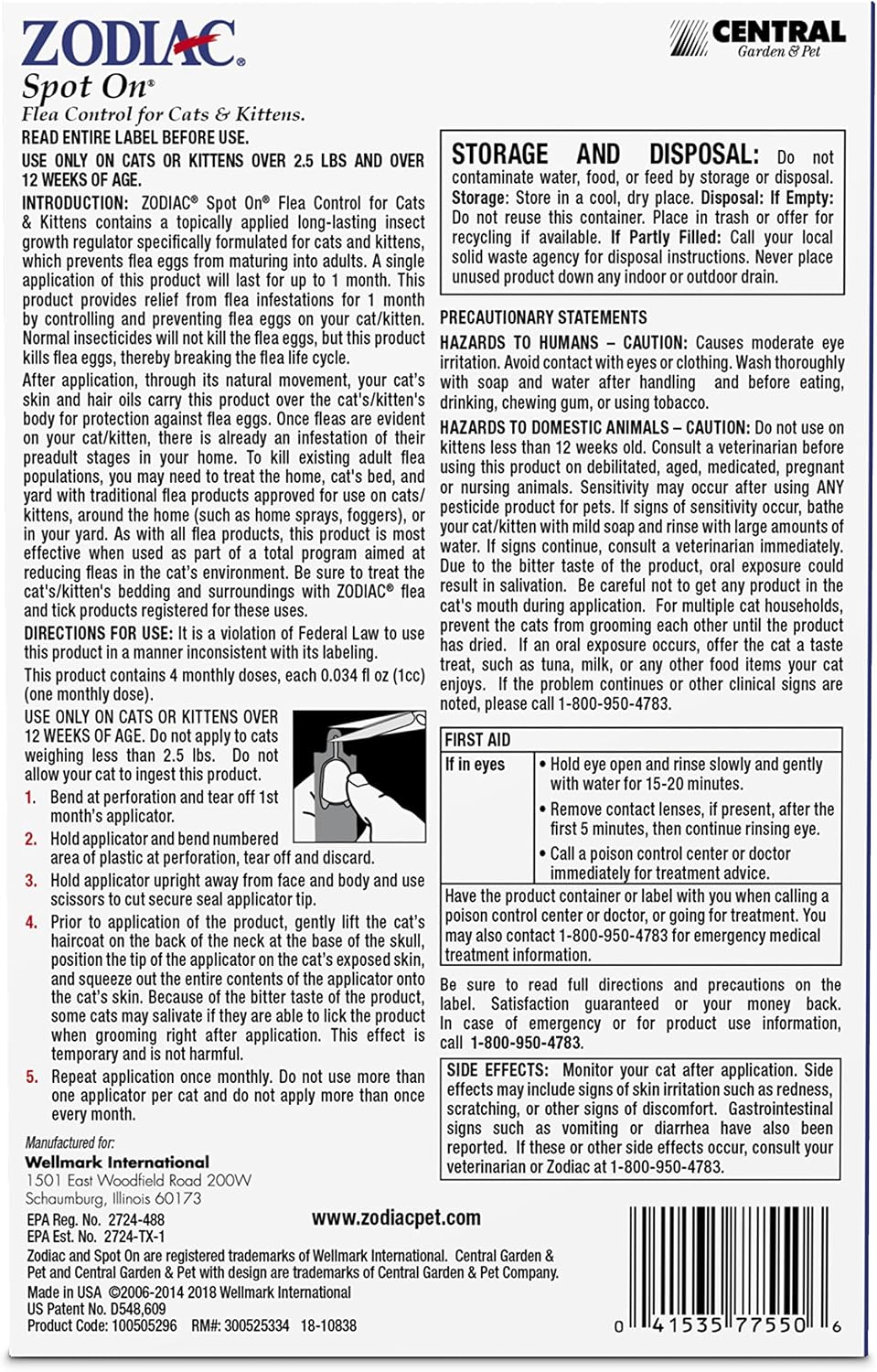 Topical applicator tubes from the USA imported cat flea prevention treatment showing application instructions.