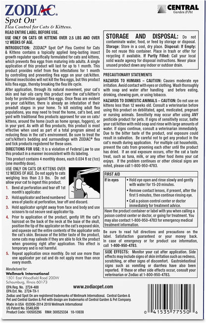 Topical applicator tubes from the USA imported cat flea prevention treatment showing application instructions.