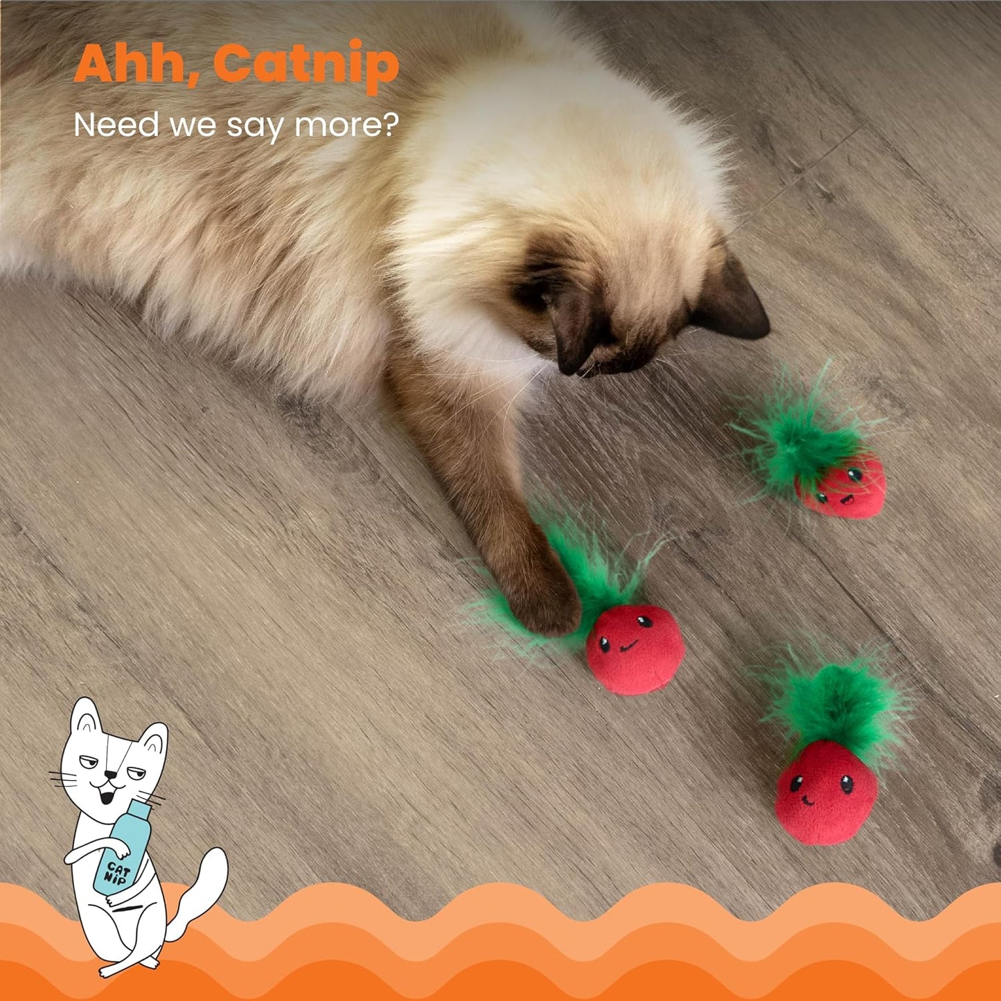 Three pack of pink Catstages teething toys featuring attached hunting feathers for kittens.