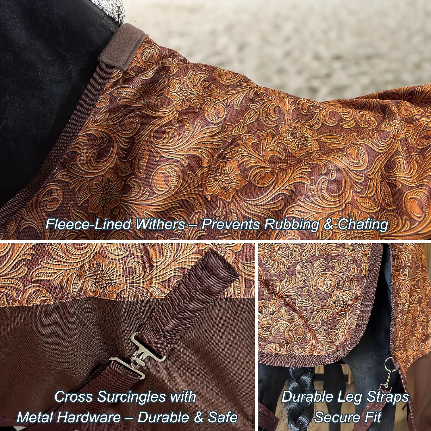 Barn And Stable breathable horse blanket showing secure elastic hind leg straps layout.