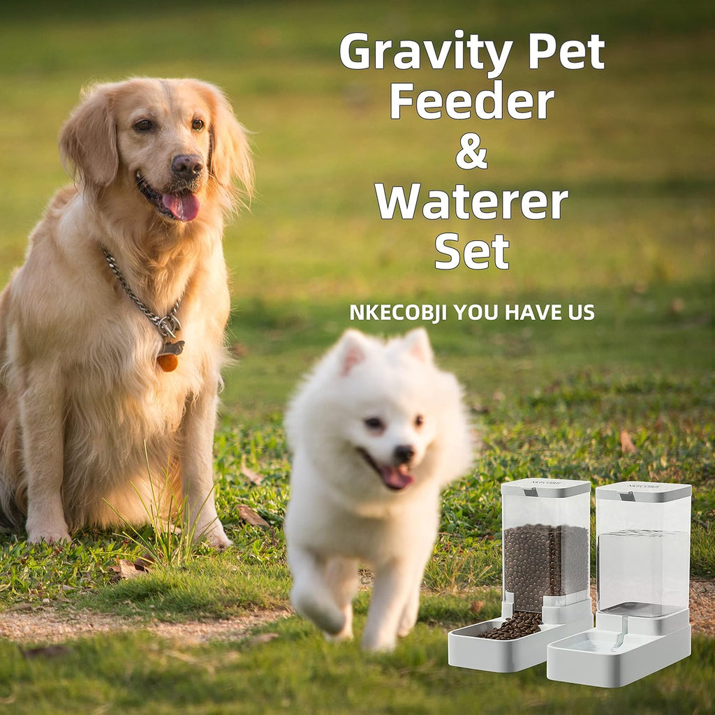 Side angle view of the NKECOBJI automatic pet food and water bowls placed on an indoor floor