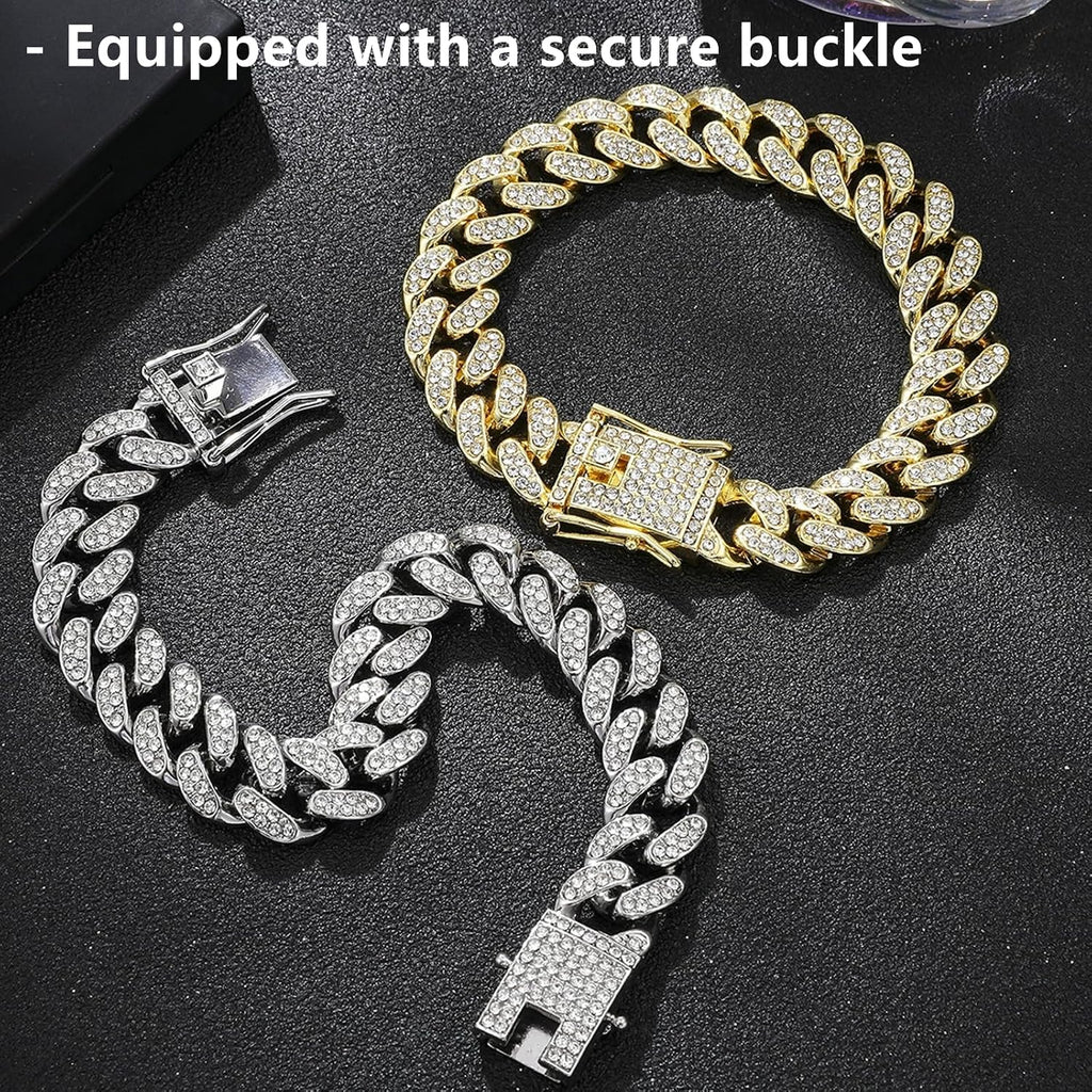 DKJEkdje gold dog chain accessory laid flat highlighting the eleven inch miami cuban links