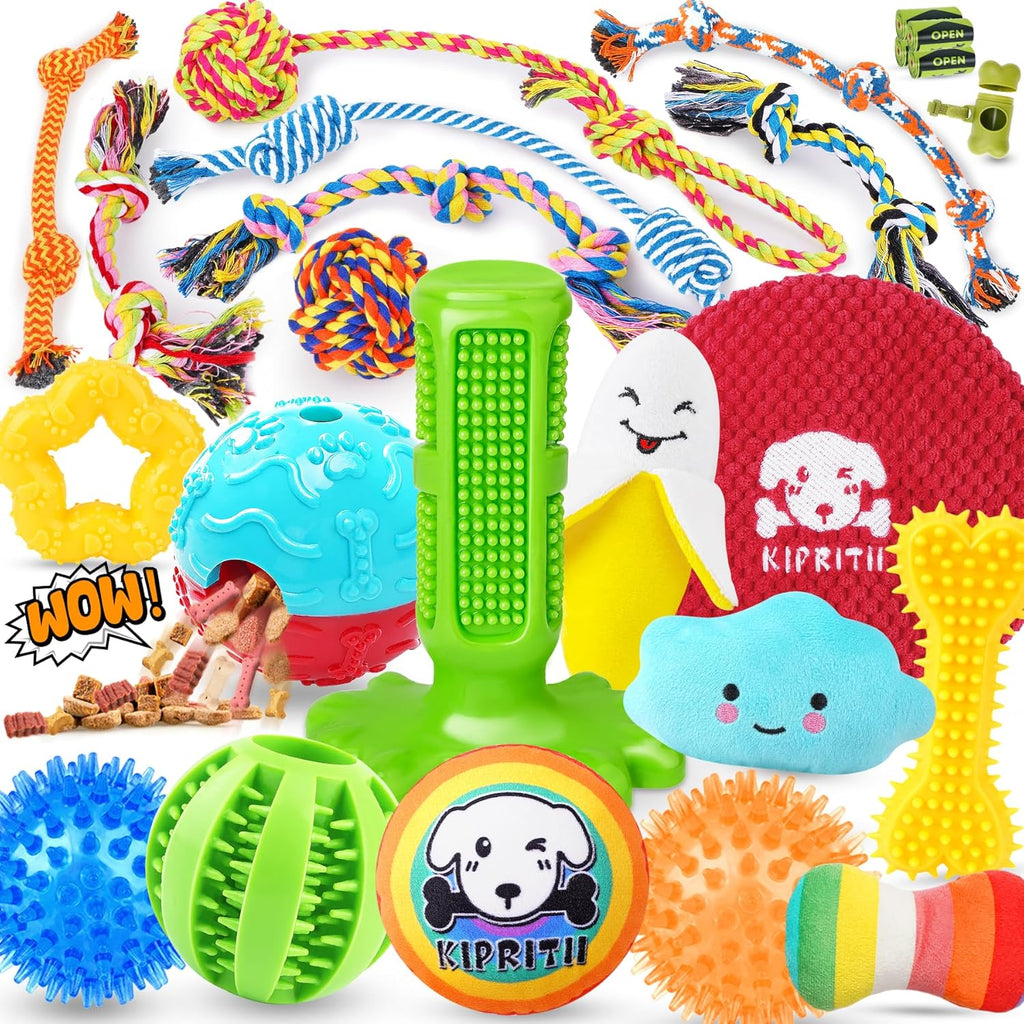 KIPRITII 25 pack various dog toys set front view displaying full assortment of colorful ropes and balls.