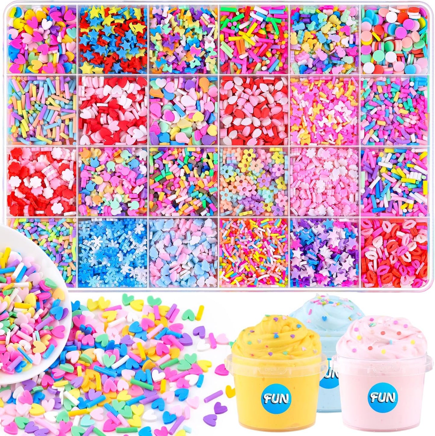Tinkrstuff 24-Grid Slime Mix-Ins front view showing organized polymer clay fake sprinkles for DIY crafts.