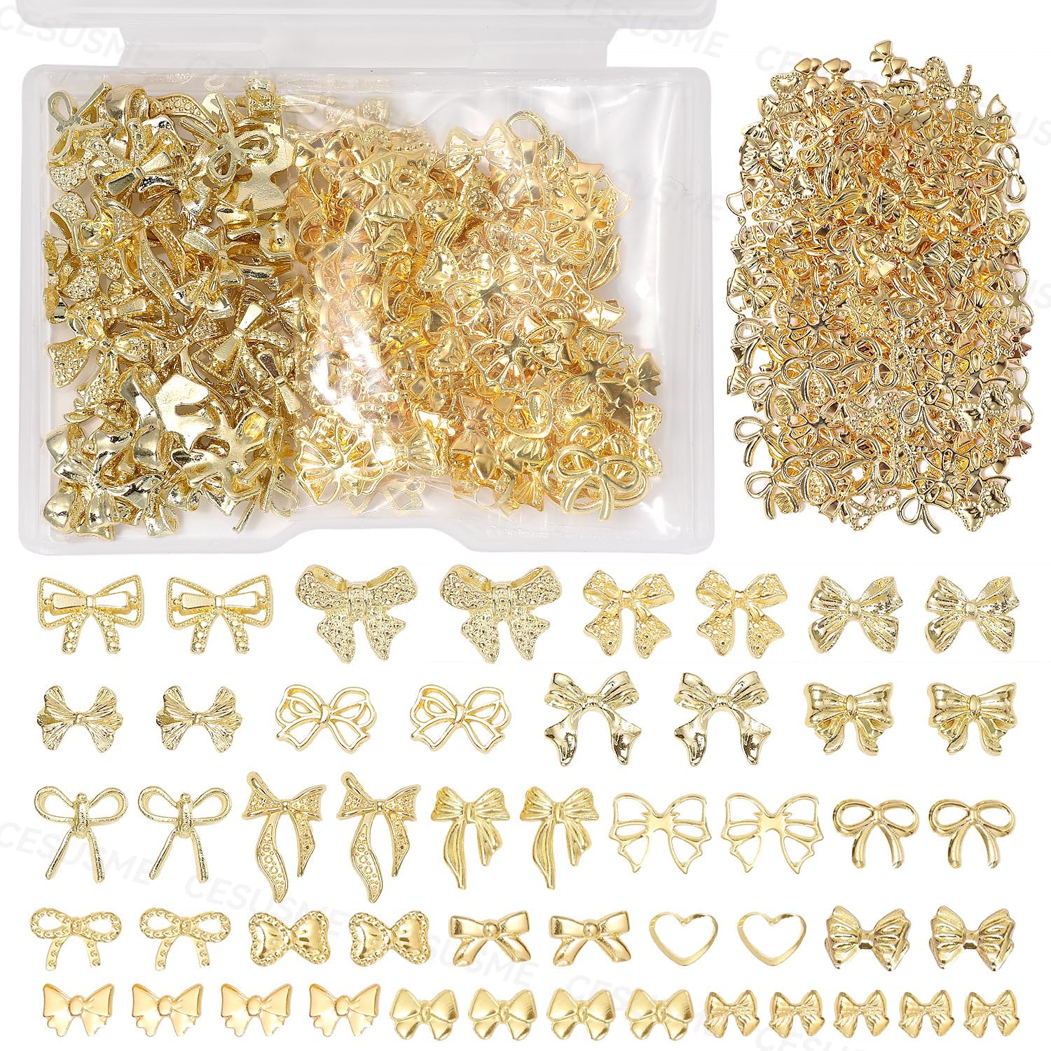 Cesusme 250 Pieces Gold Bow Nail Charms set front view in packaging