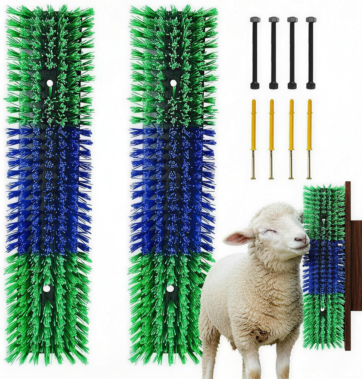 REVAXUP livestock scratching brush front view showing durable green bristles for farm animal self grooming.