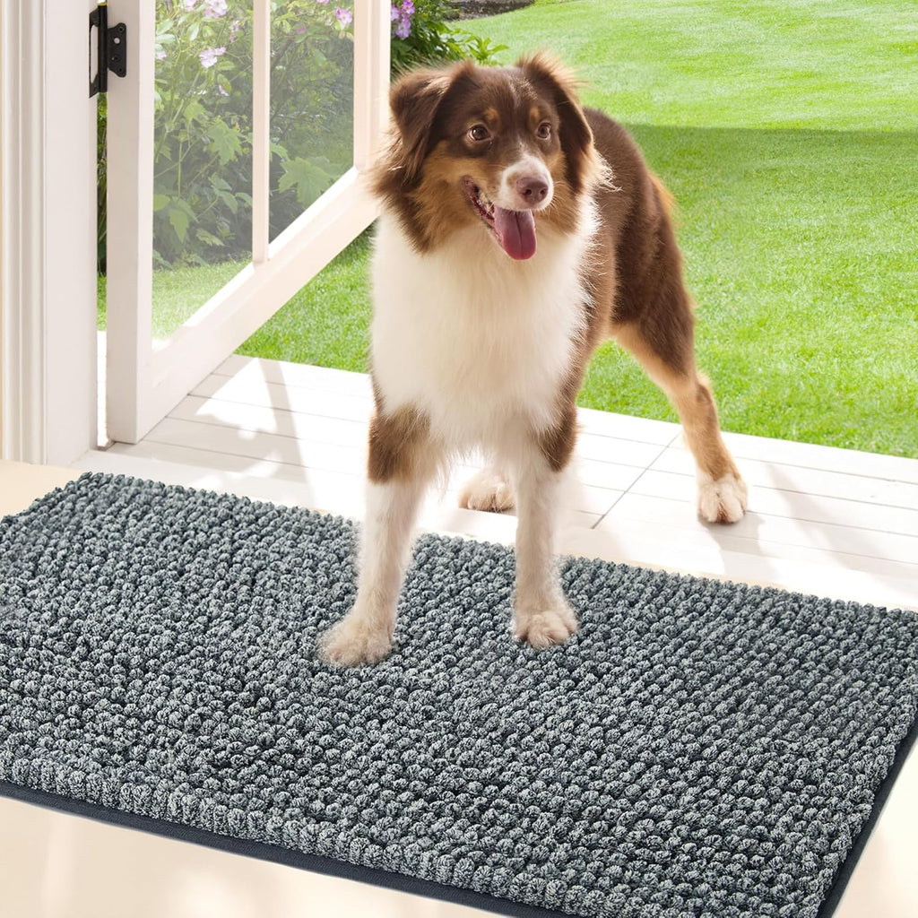 Bedsure dog door mat front view showing grey chenille texture