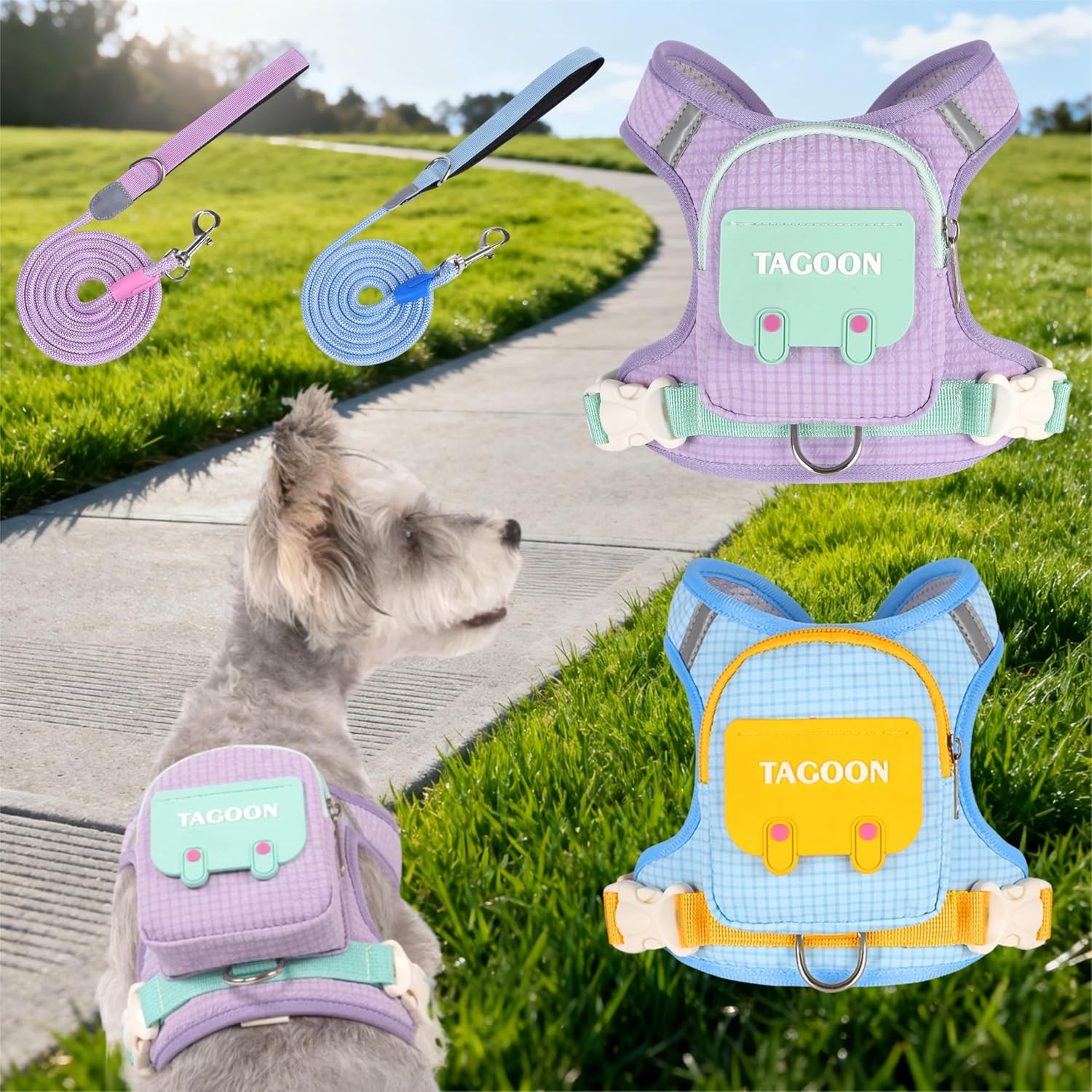 Dhgate dog backpack harness leash set front view showcasing the purple checkered vest with adjustable straps.
