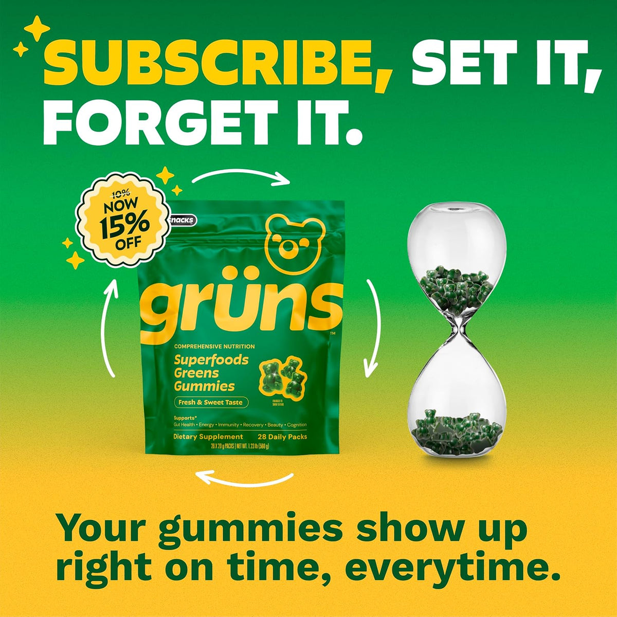 Gruns Adult Greens Gummies & Daily Multivitamin, Prebiotic Fiber, 28 ct - Image 2