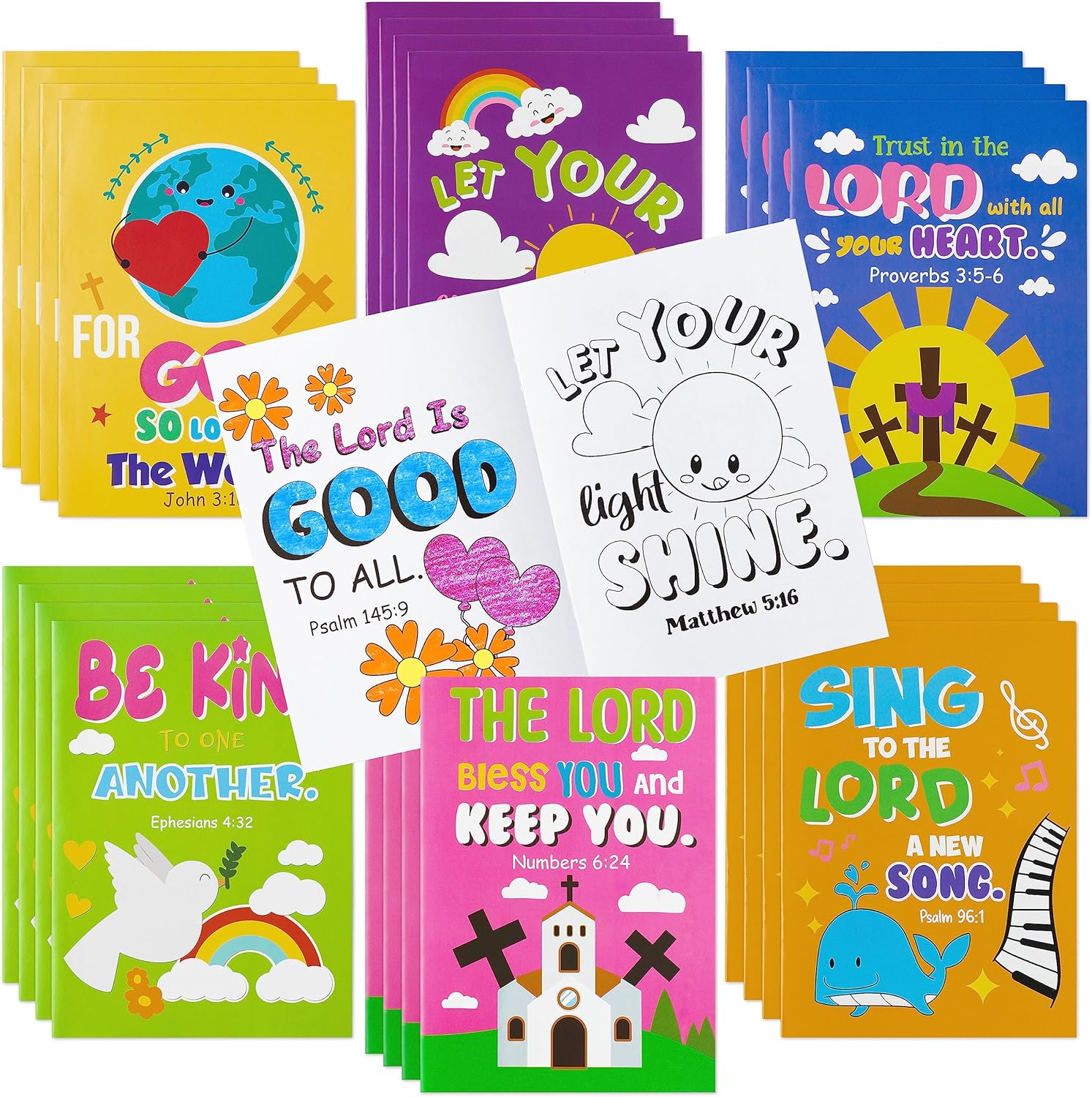 Dvbonike 24 piece bible coloring books front view showing colorful cartoon religious covers.