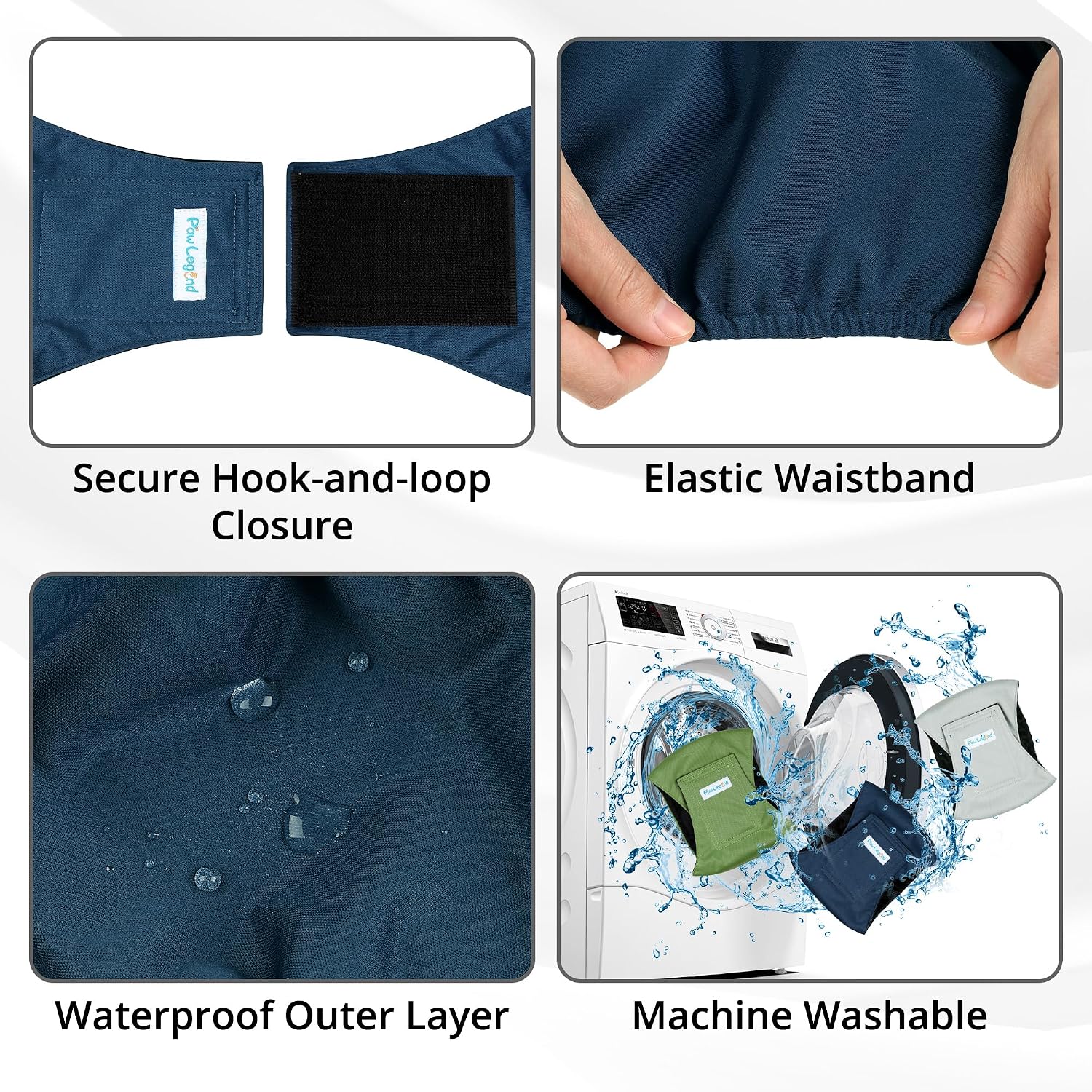 Paw Legend puppy and doggy diapers male navy blue option showcasing the wide hook and loop closure strap