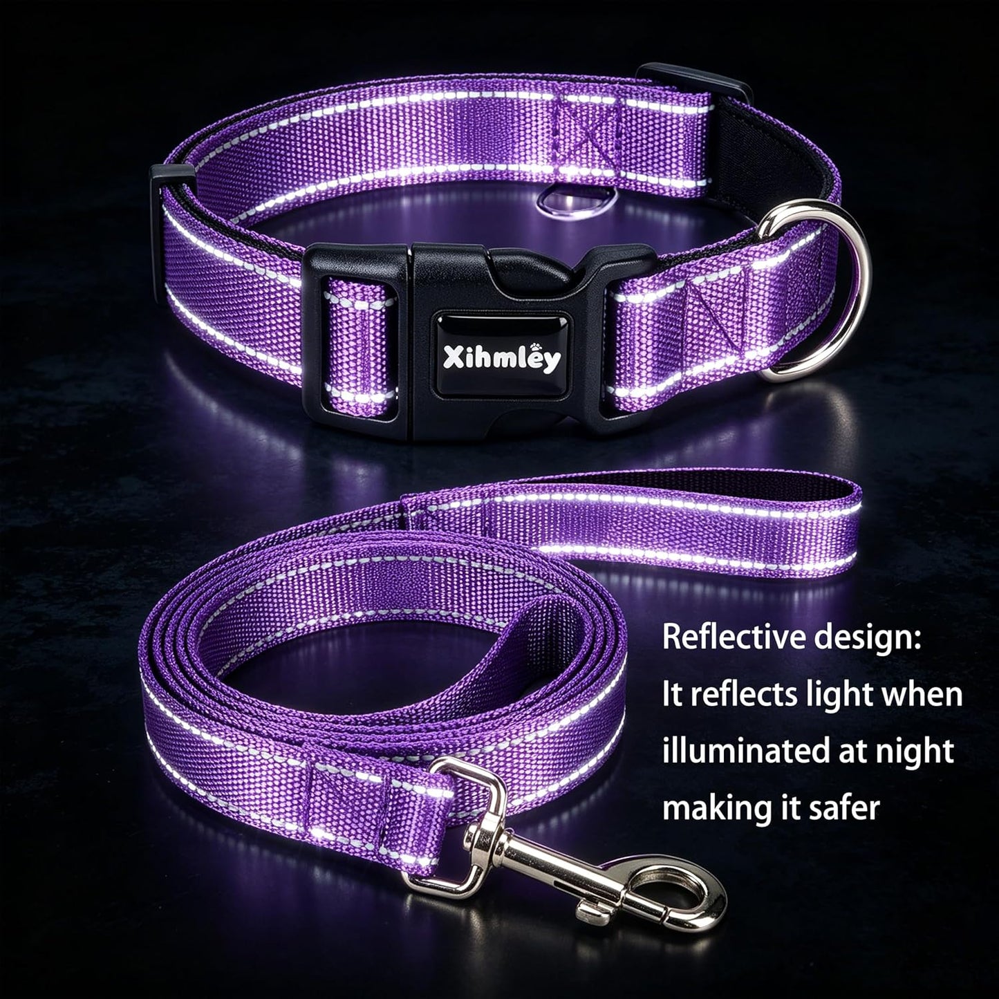Small dog wearing Xihmley purple collar and leash