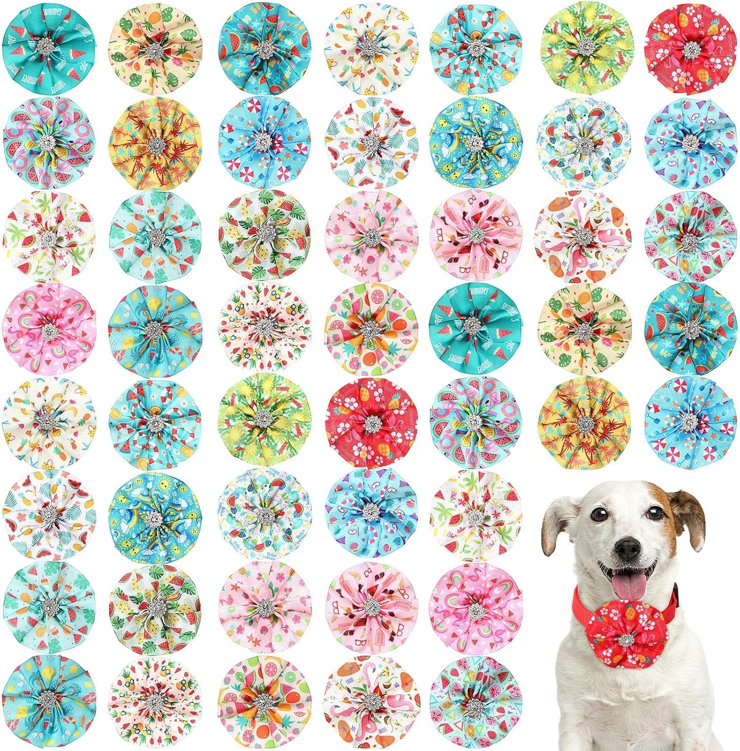 Huhumy summer dog collar bows front view showing twenty-five unique tropical patterns