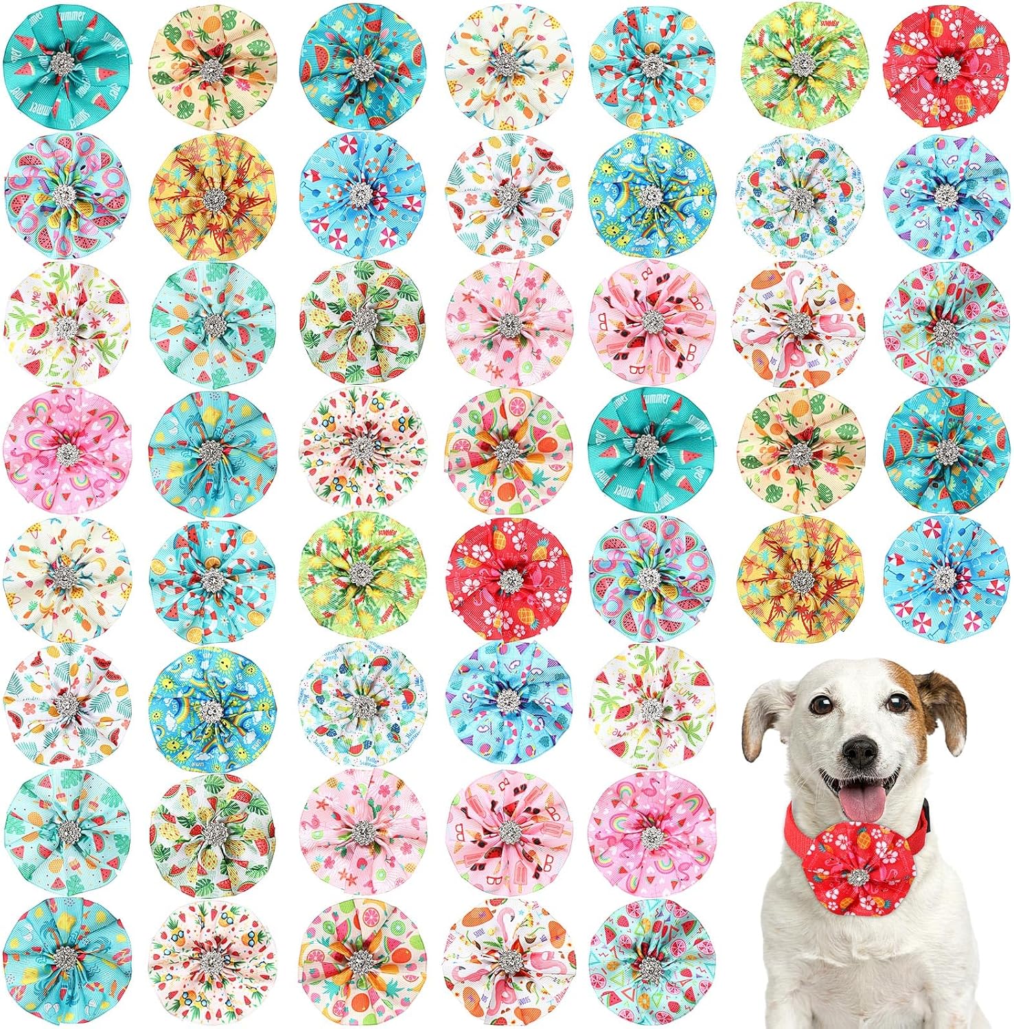 Huhumy summer dog collar bows front view showing twenty-five unique tropical patterns