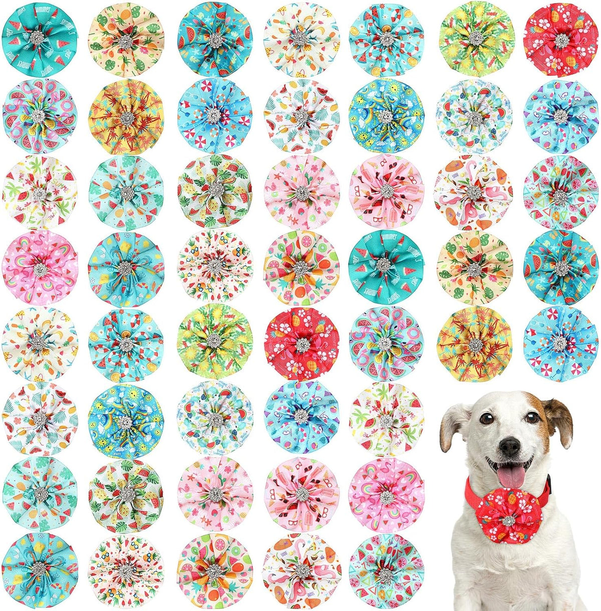 Huhumy summer dog collar bows front view showing twenty-five unique tropical patterns