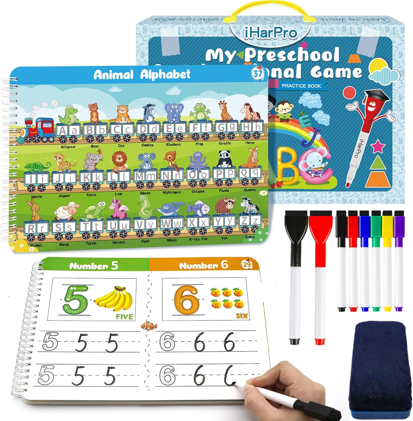 iHarPro handwriting practice tracing books front view showing colorful alphabet activities.