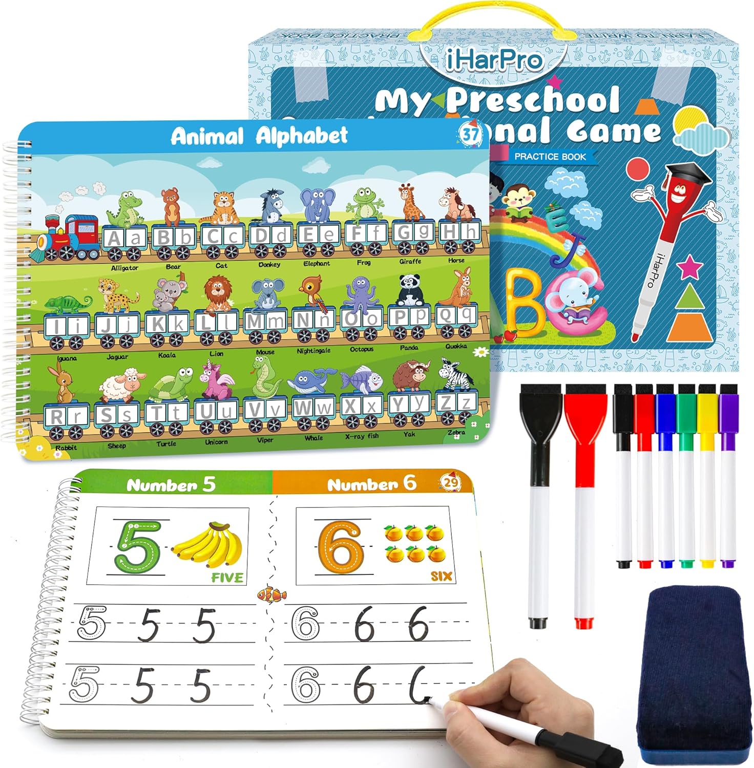 iHarPro handwriting practice tracing books front view showing colorful alphabet activities.