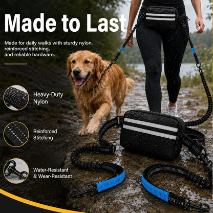 Two medium dogs walking securely on a dual bungee leash system attached to a waist belt.