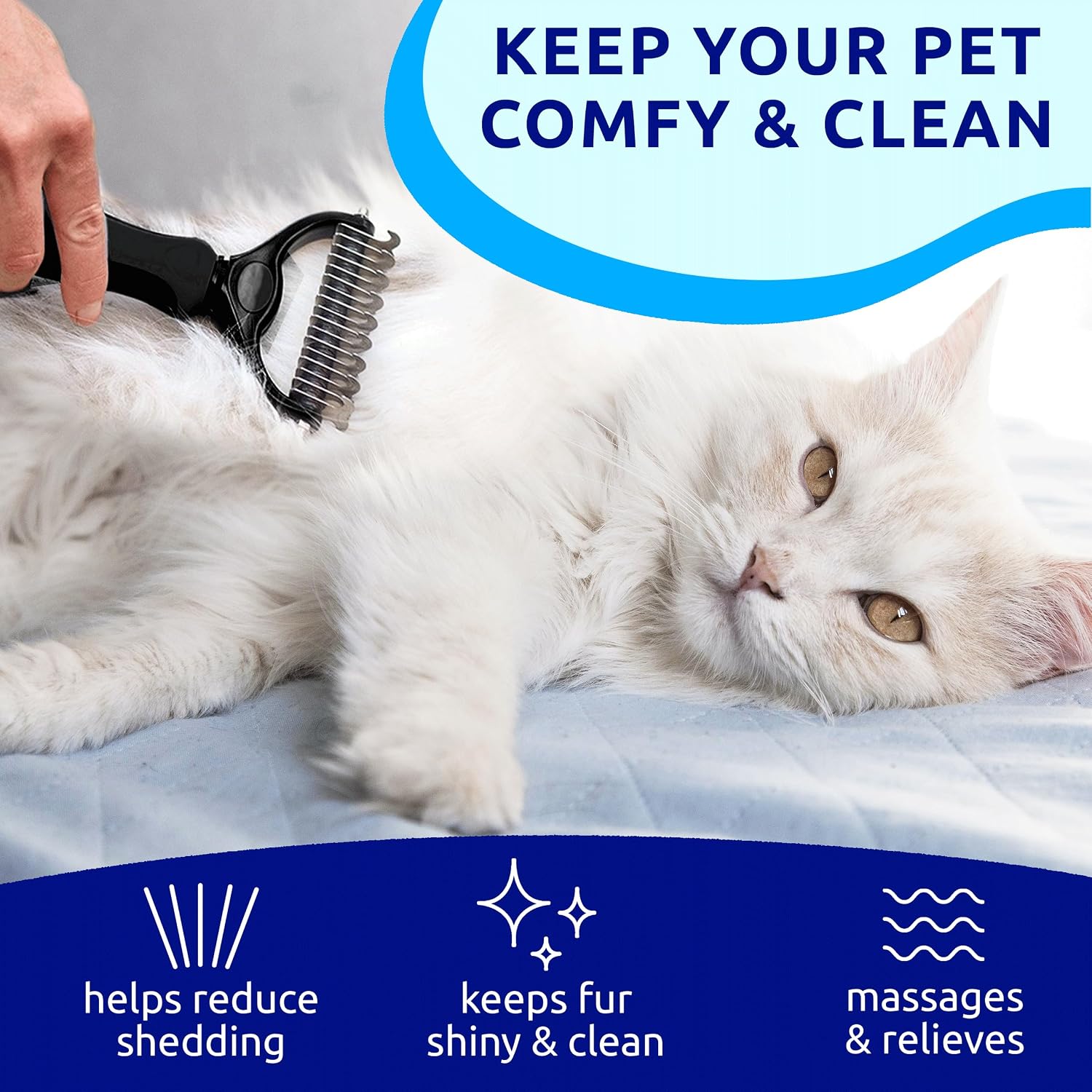 Pat Your Pet bright blue deshedding comb in packaging
