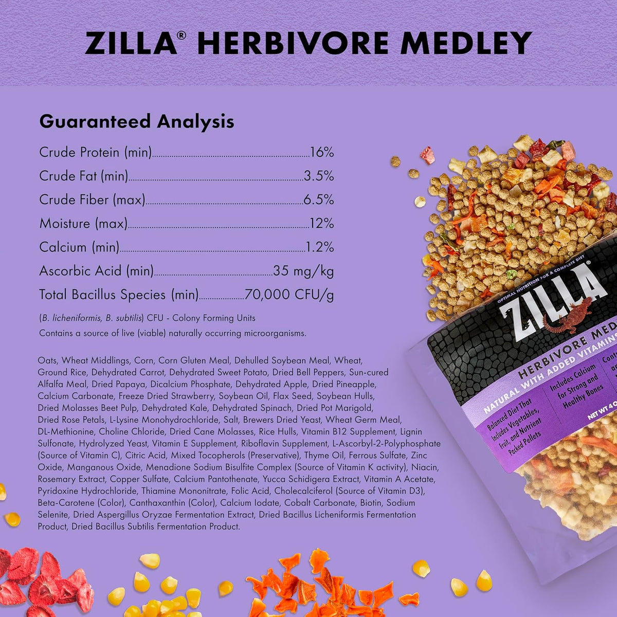 Authentic USA imported Zilla reptile food bag showing calcium benefits