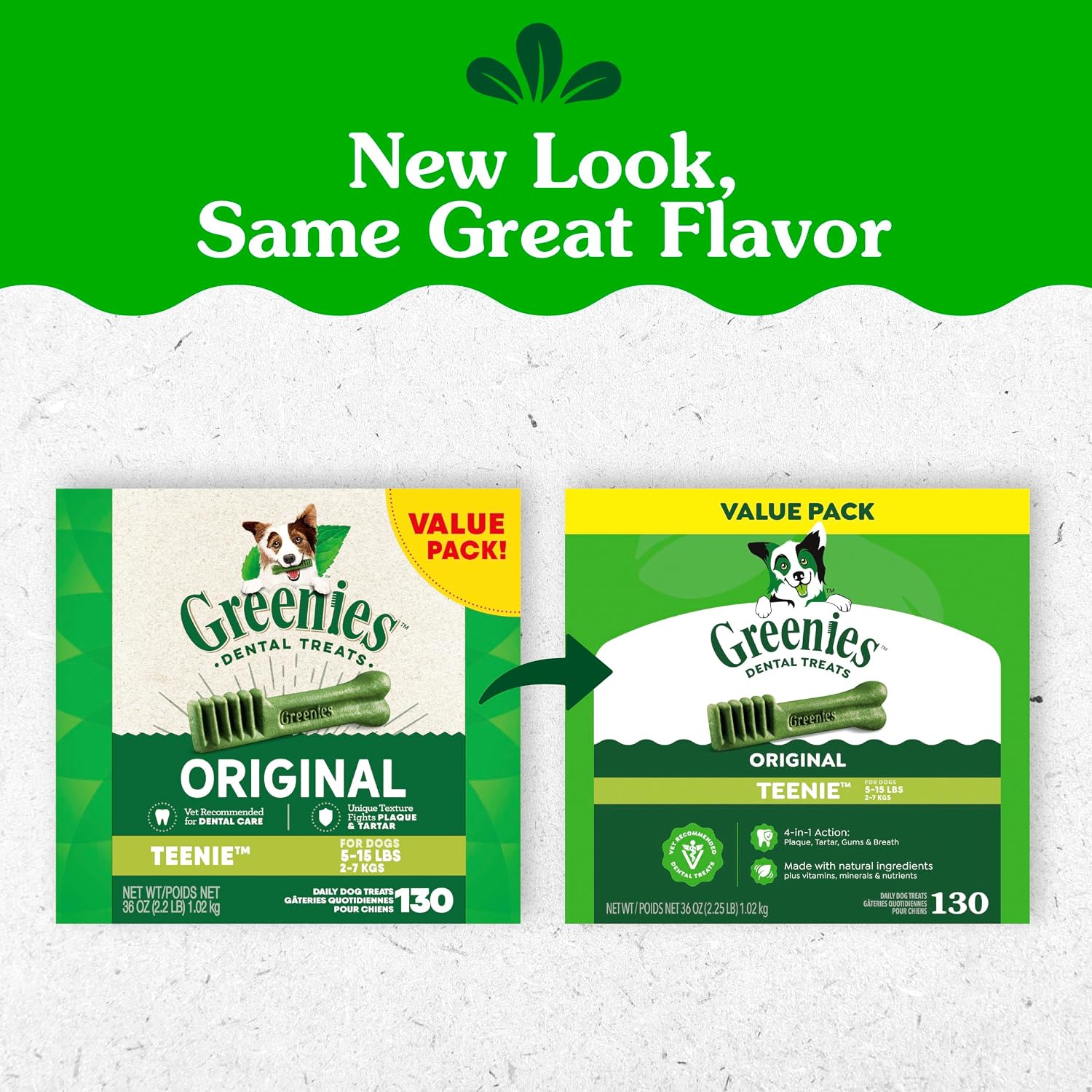 Greenies 130 count value tub dog chews packaging