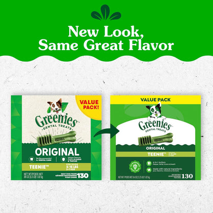 Greenies 130 count value tub dog chews packaging