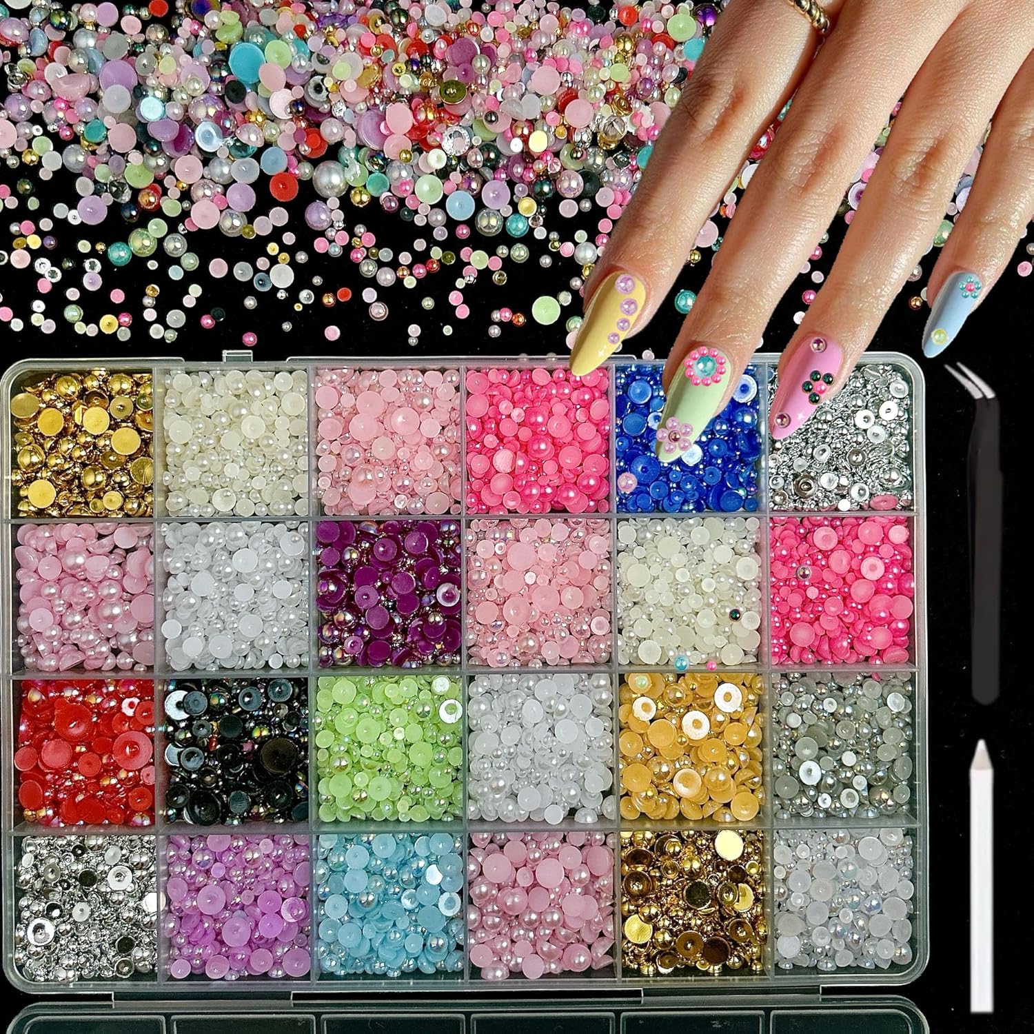 Vhbie Enterprises 3D Pearls Nail Charms Kit front view with storage case