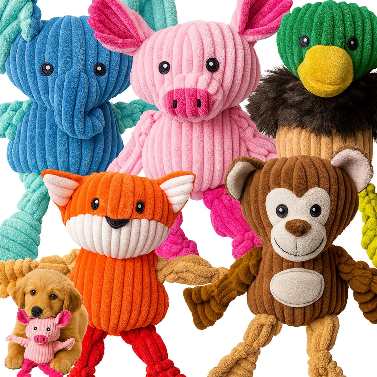 Jalousie plush dog toys assortment 5 pack front view