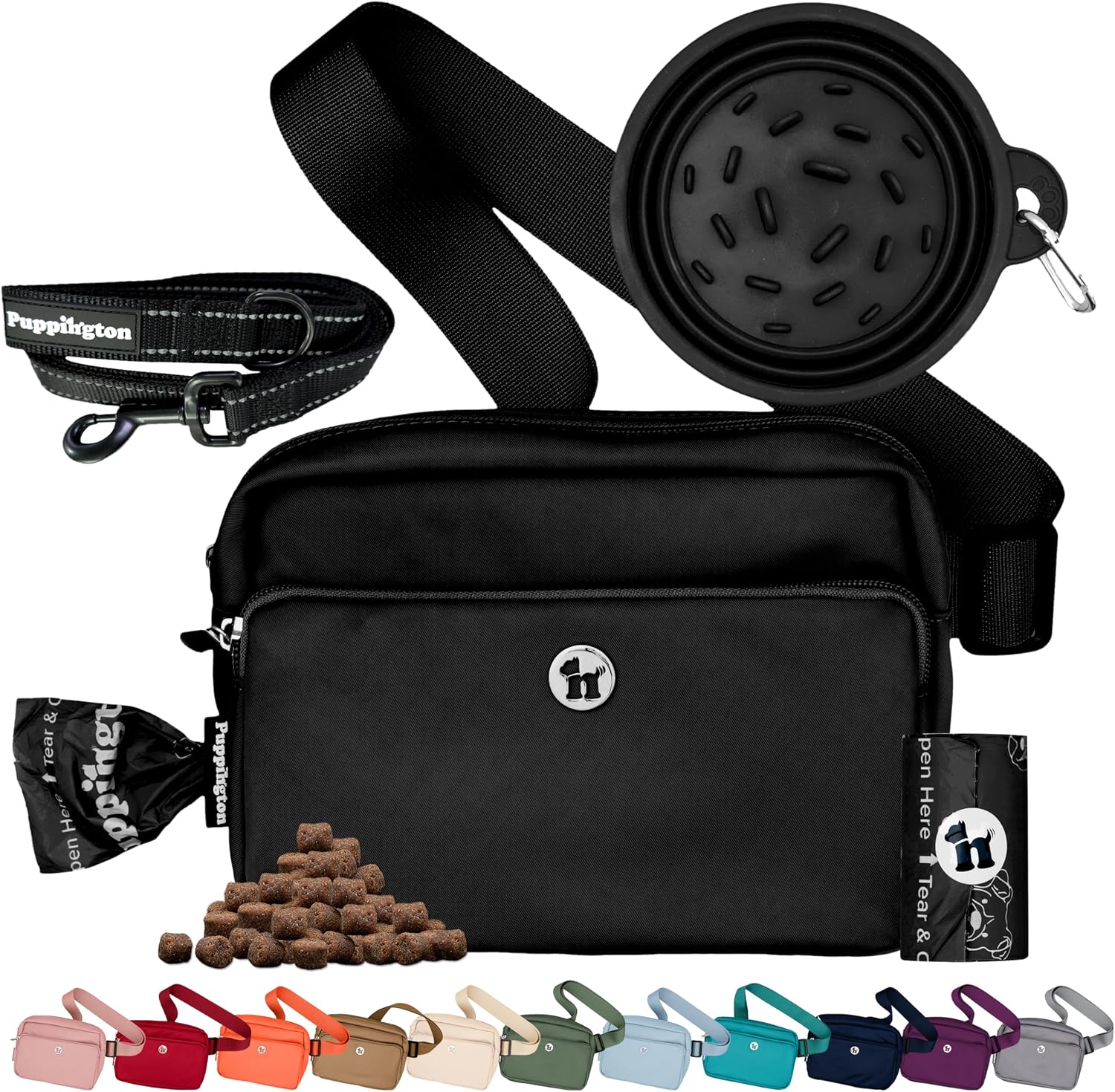 Puppington 3-in-1 crossbody dog treat pouch front view in onyx black