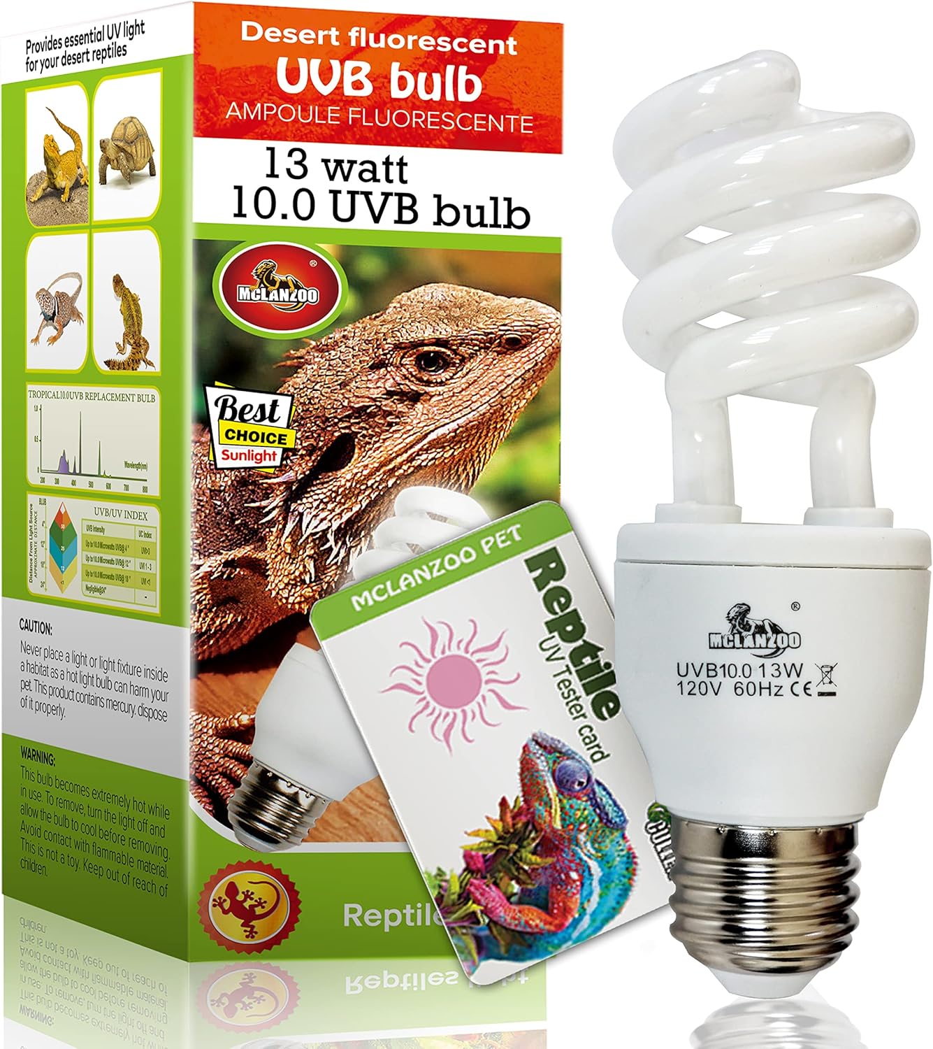 MCLANZOO UVA UVB Light Reptile Bulb 10.0 13 Watts front view for terrariums