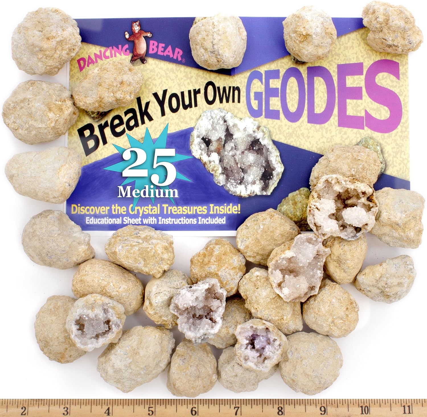 Dancing Bear 25 Break Your Own Geodes kit packaging front view showing Moroccan rocks and crystal discovery theme.