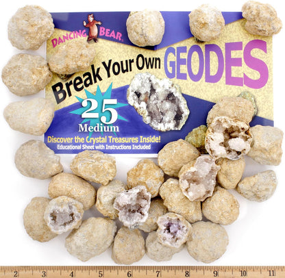 Dancing Bear 25 Break Your Own Geodes kit packaging front view showing Moroccan rocks and crystal discovery theme.