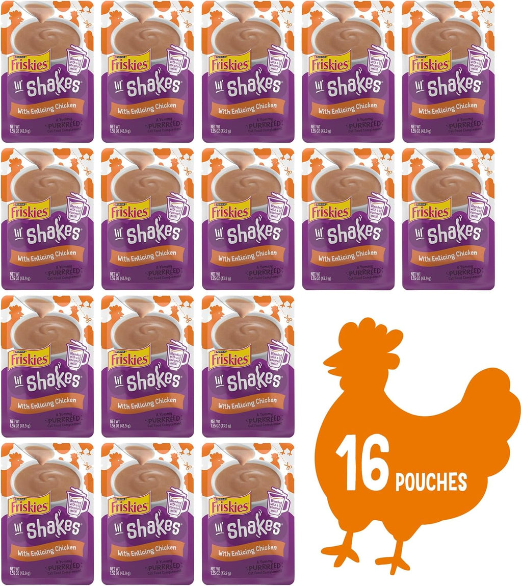 Friskies pureed lickable cat treats pouch showing chicken flavor ingredients