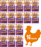 Friskies pureed lickable cat treats pouch showing chicken flavor ingredients