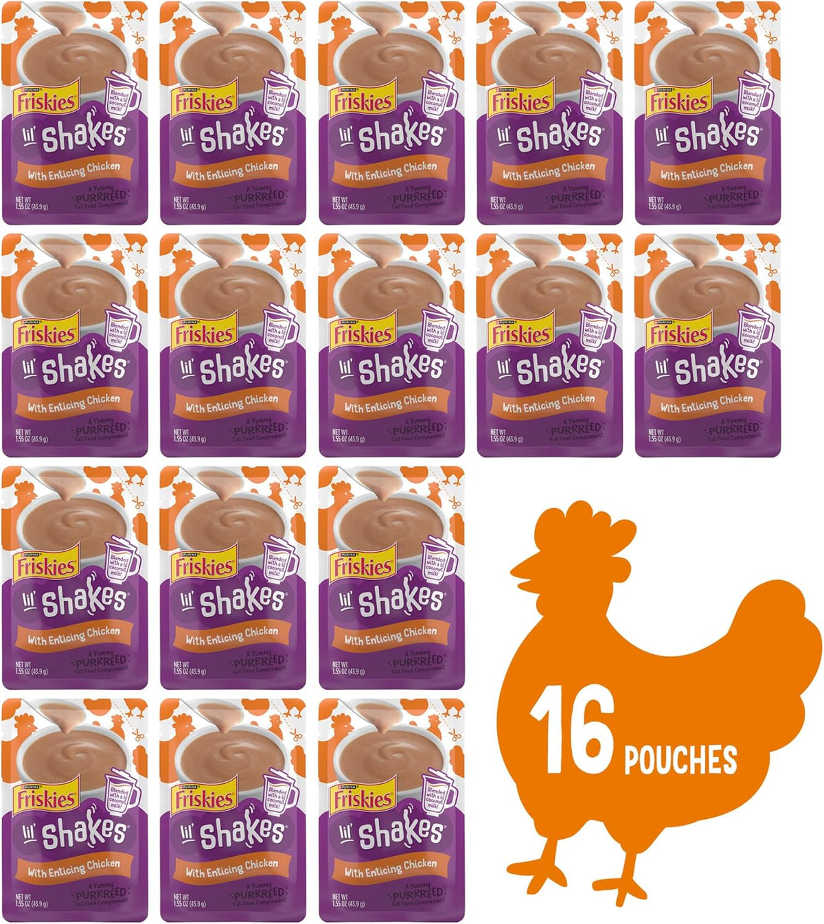 Friskies pureed lickable cat treats pouch showing chicken flavor ingredients