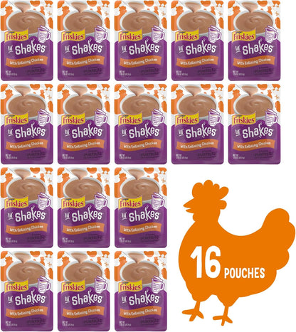 Friskies pureed lickable cat treats pouch showing chicken flavor ingredients