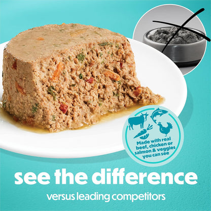 Beneful IncrediBites small breed pate canned food stack showcasing chicken beef and salmon flavors