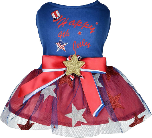 YSTAR Patriotic Dog Tutu Dress front view showcasing the red white and blue star pattern
